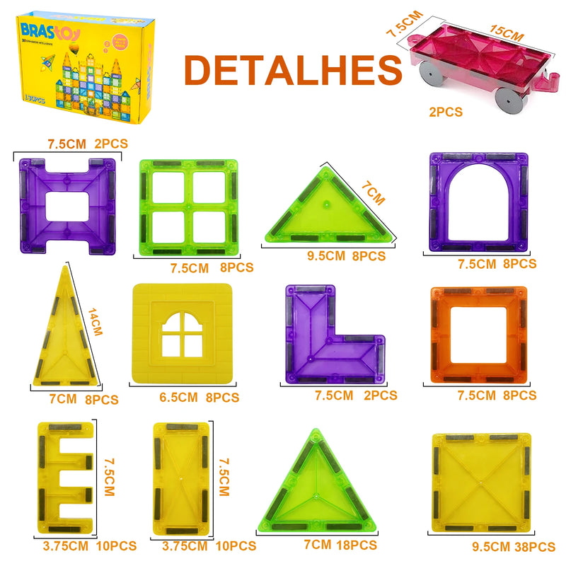 Blocos de Construção Magnéticos 3D Coloridos Transparentes 130 Peças | Brinquedo Educacional de Construção - Lojas Ray Oficial